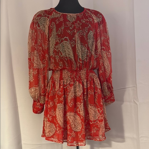 Red Paisley Long Sleeve Flowy Mini Dress. Size Small. - Picture 1 of 8